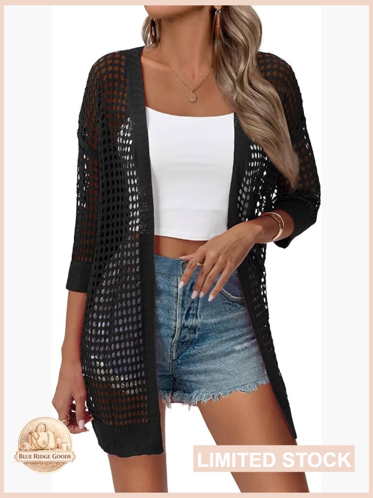 Lightweight Crochet Kimono Cardigan Oversized Open Front Boho Cover Up Short